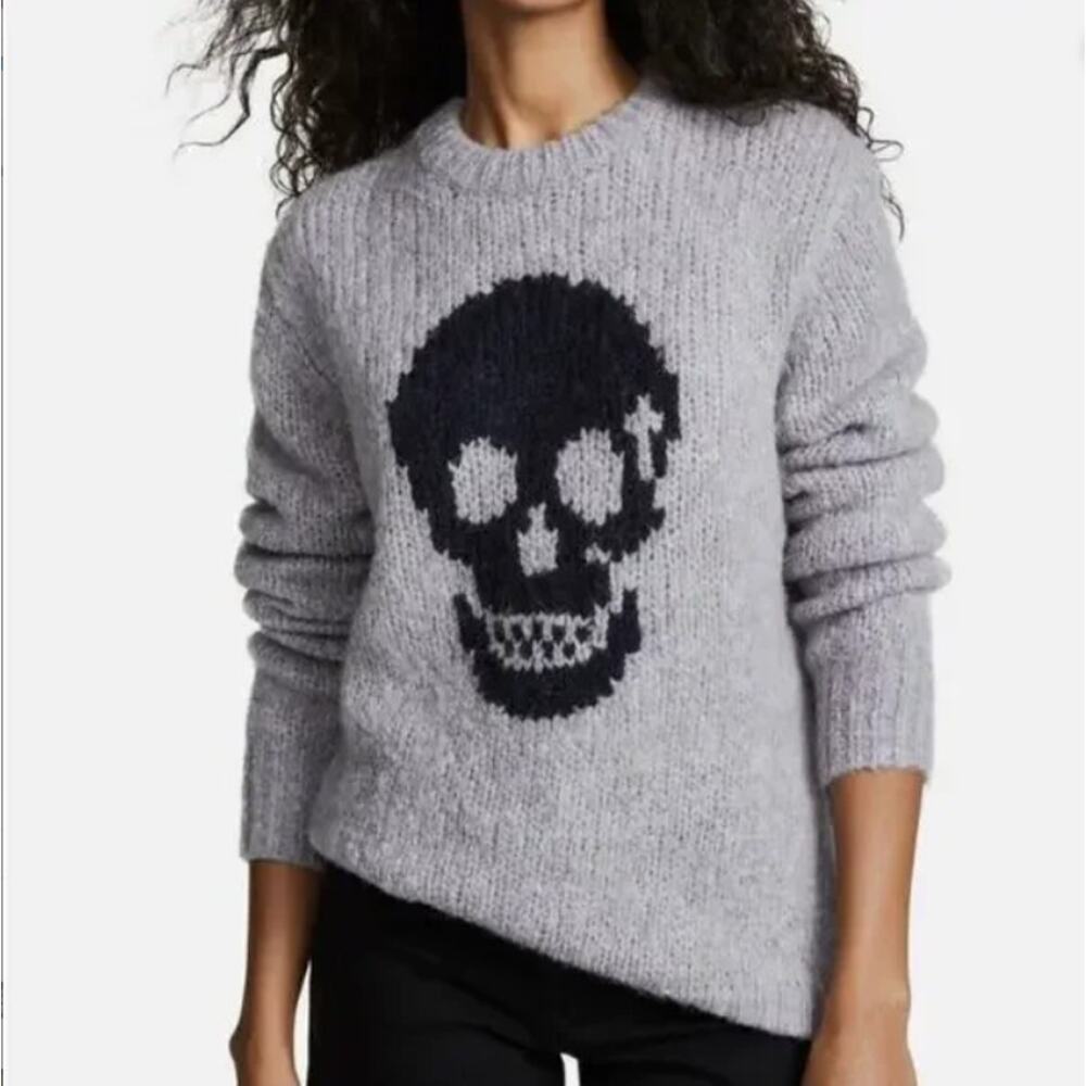 Skull Cashmere Gray Crewneck Sweater with Black Skull Motif